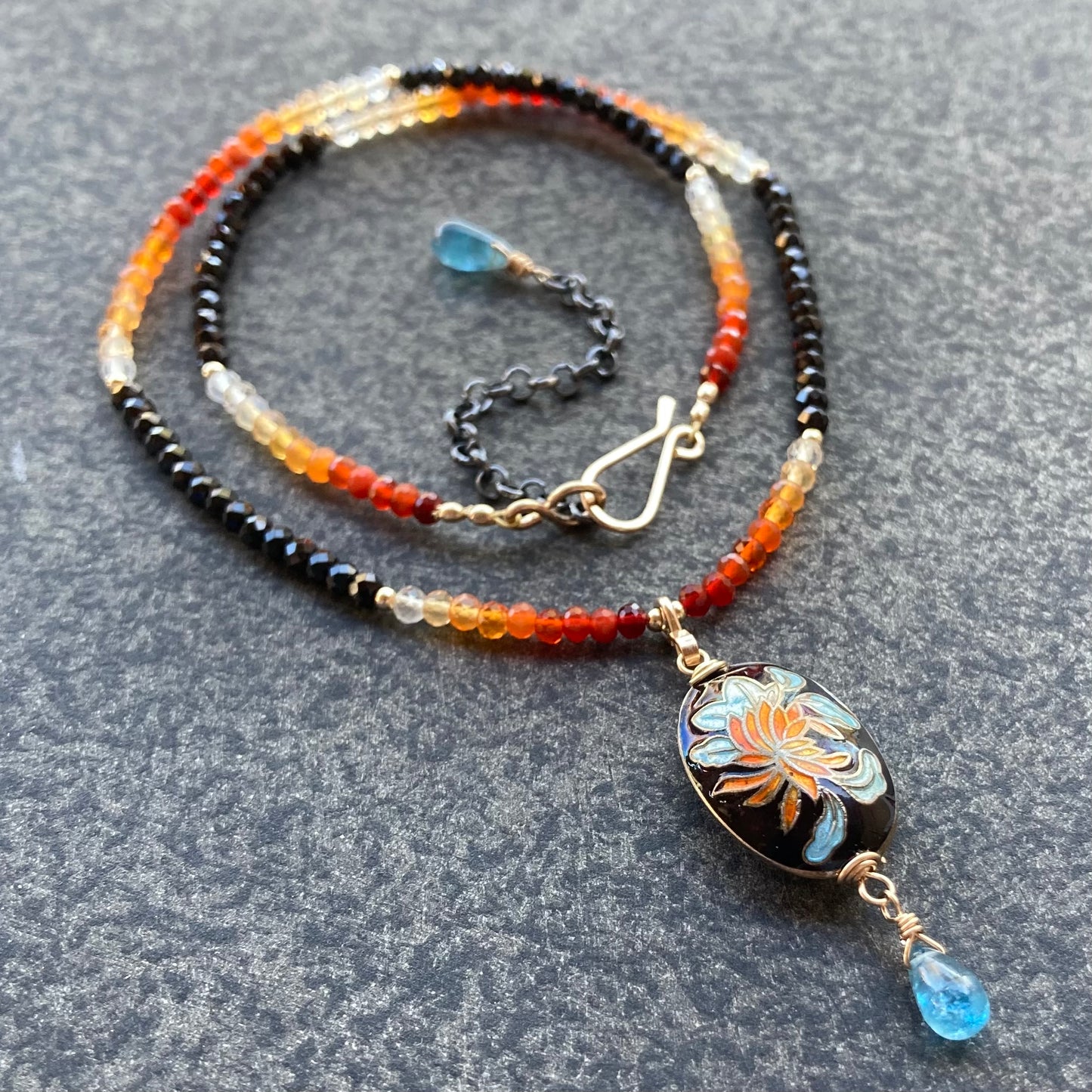 Mexican Fire Opal, Black Spinel & Vintage Cloisonné Tiger Lily Pendant Necklace