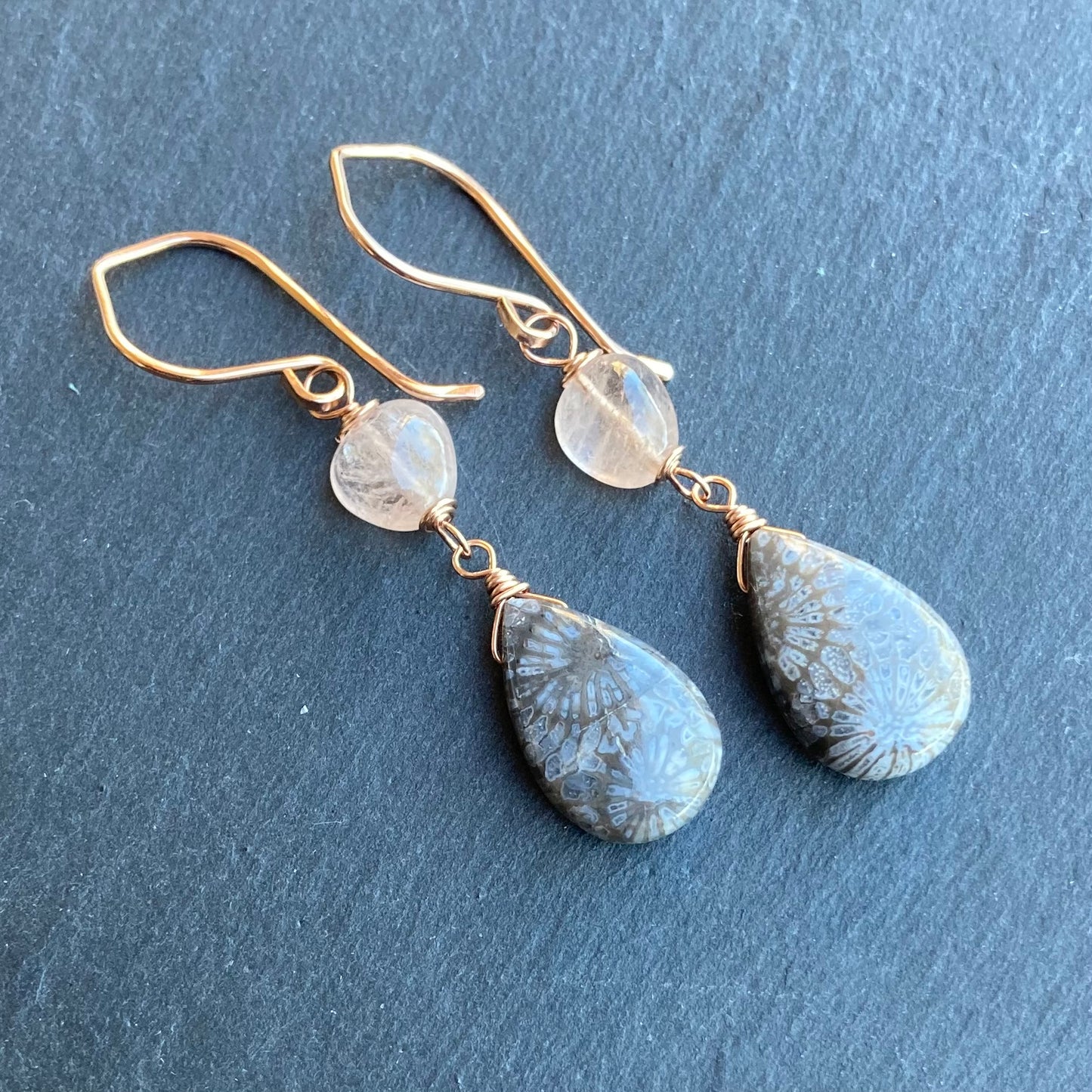 Fossil Coral, Morganite & Rose Gold Earrings