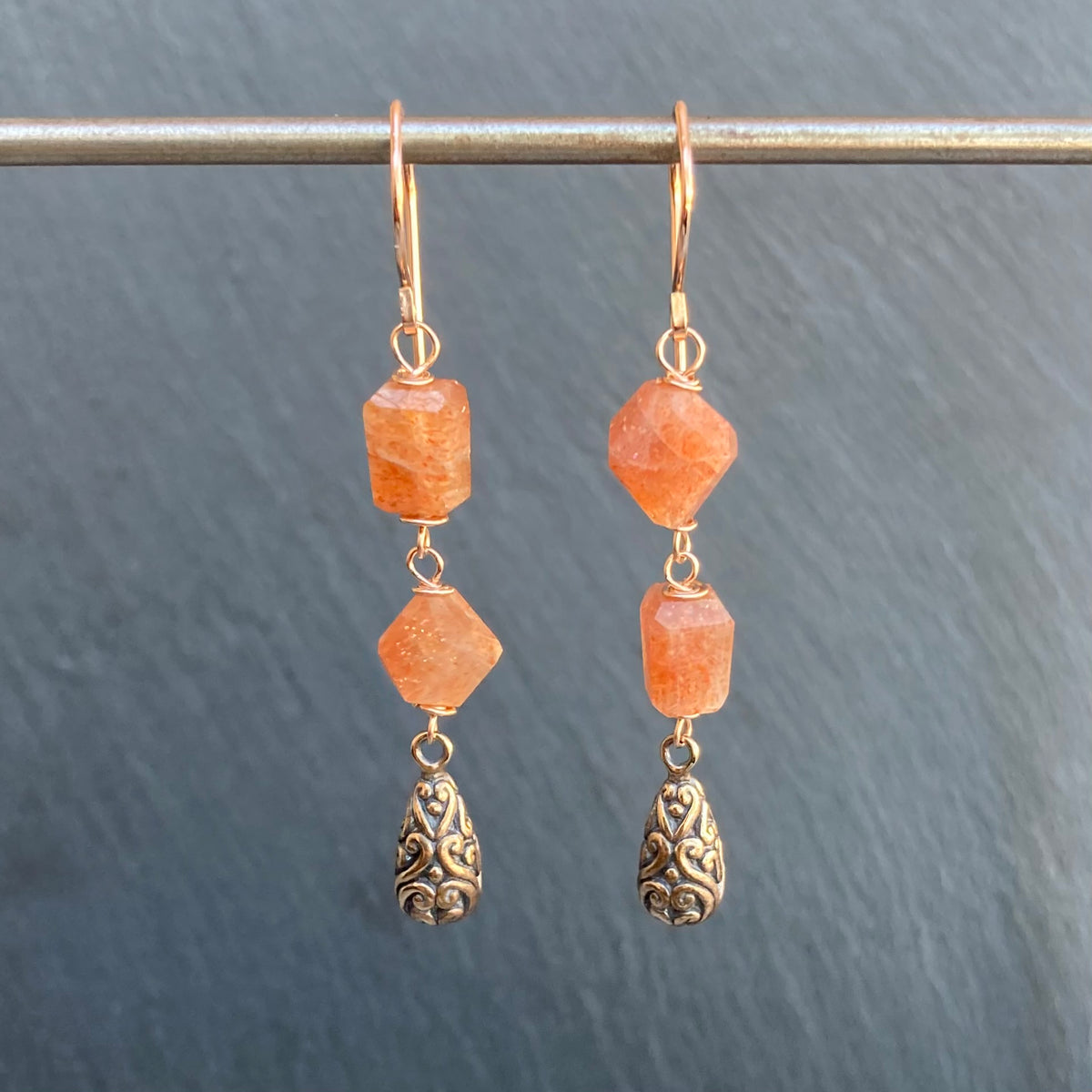 Sunstone, Rose Gold & Shibuichi Long Drop Earrings