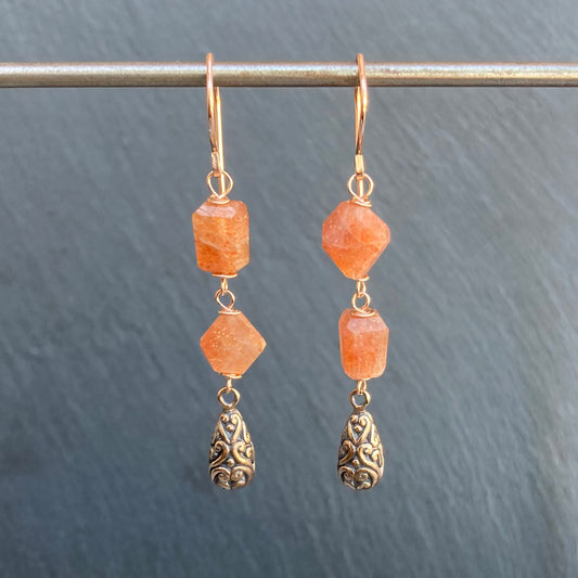 Sunstone, Rose Gold & Shibuichi Long Drop Earrings