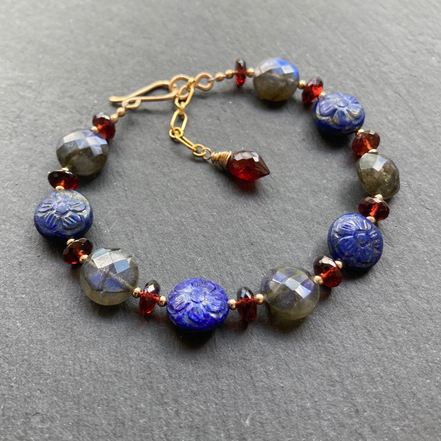 Lapis, Labradorite, Mozambique Garnet & Gold Bracelet