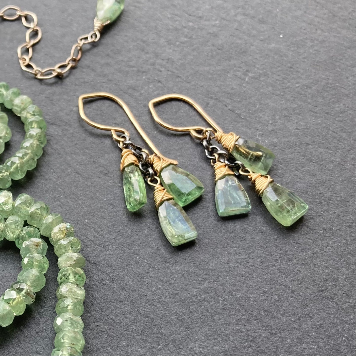 Green Kyanite & Mixed Metal Cascade Earrings