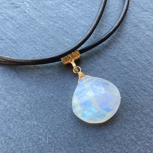 Rainbow Moonstone & Bronze Leather Choker