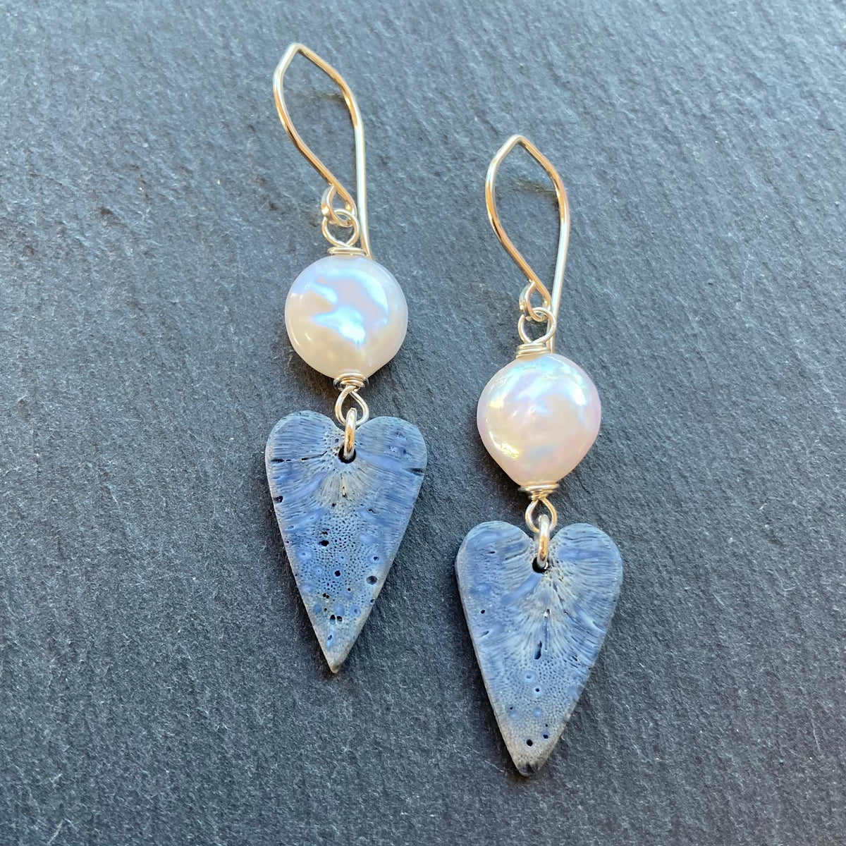 Freshwater Pearl, Sterling Silver & Blue Sponge Coral Heart Earrings