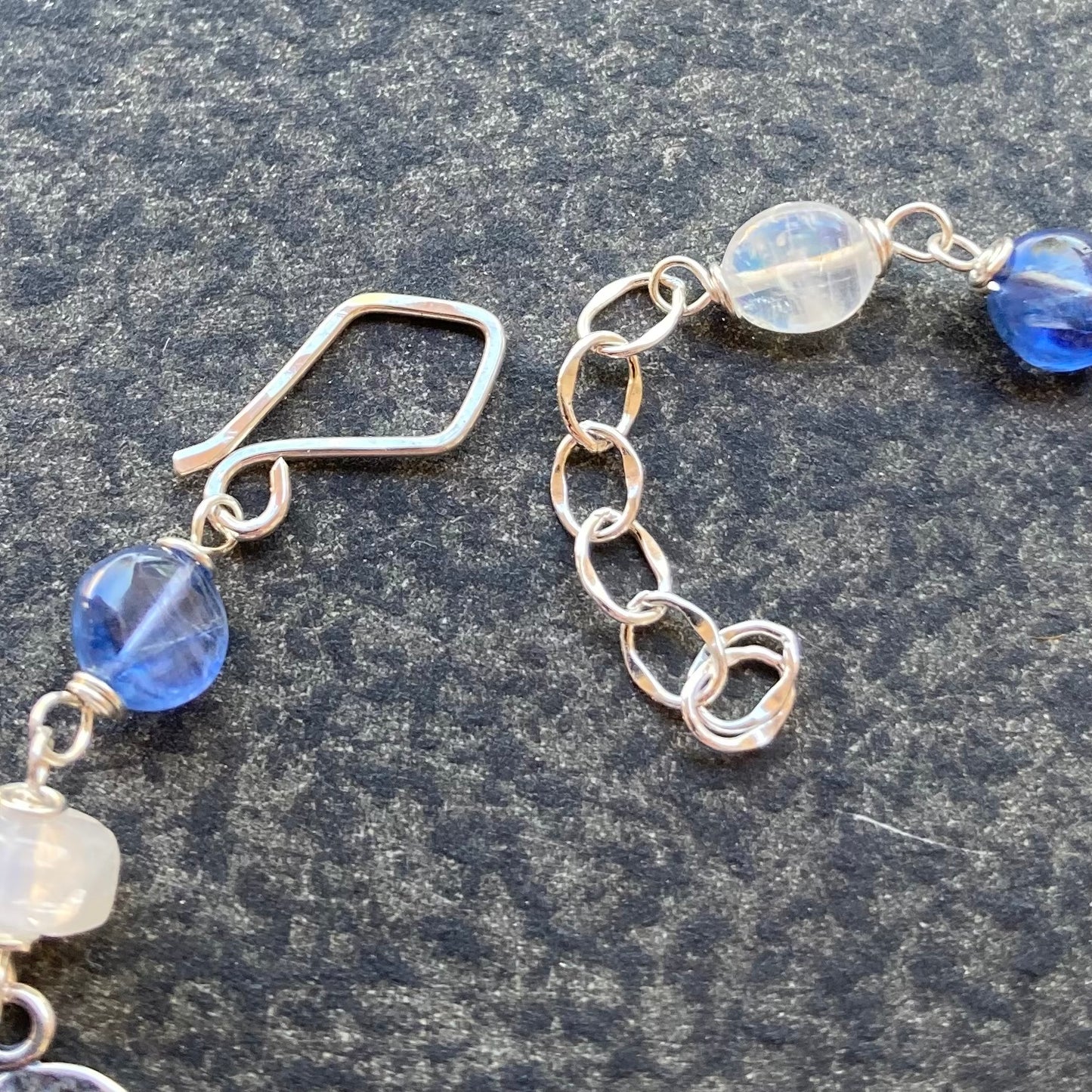 Rainbow Moonstone, Blue Kyanite & Sterling Silver Moon Link Bracelet