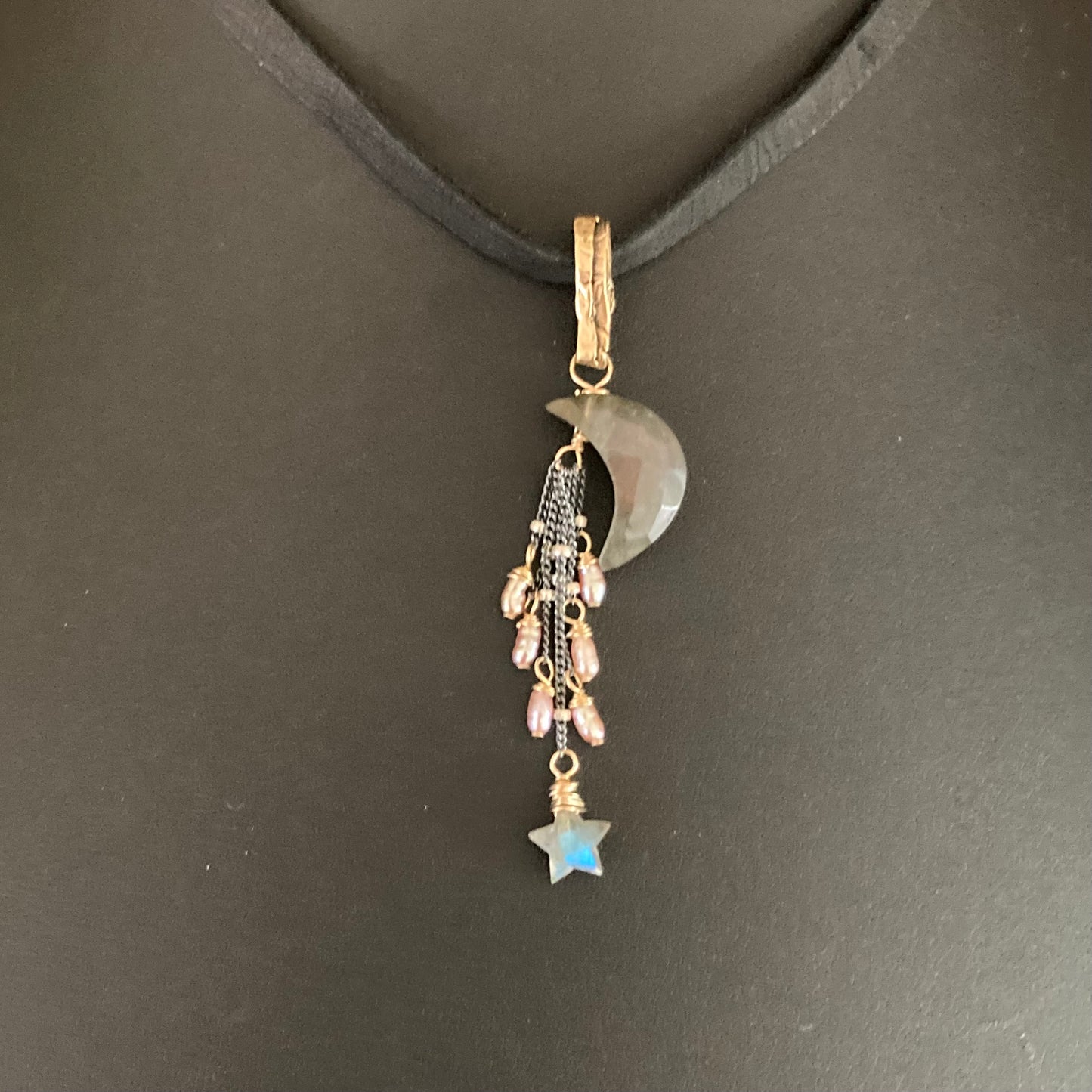 Labradorite, Mauve Pearl & Mixed Metal Falling Star Deerskin Leather Choker