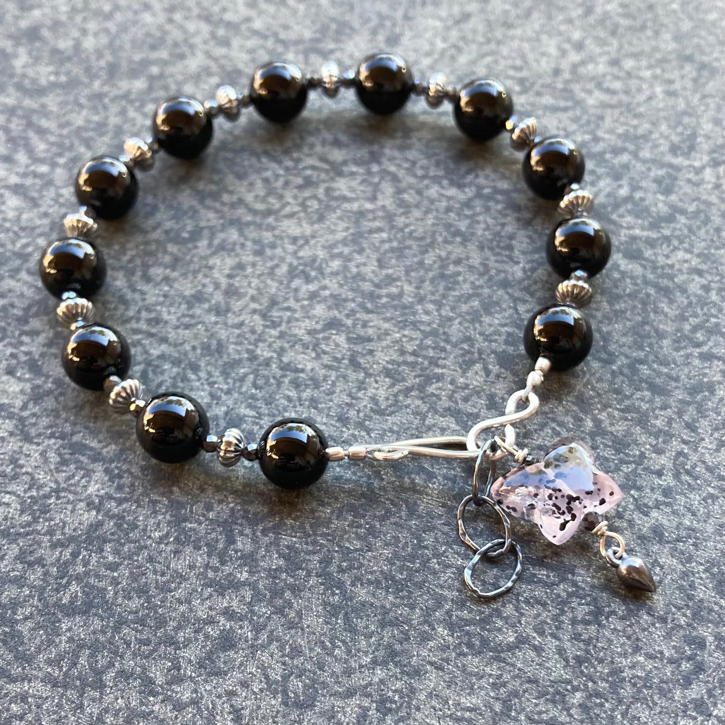 Black Onyx & Rutilated Rose Quartz Butterfly Charm Bracelet