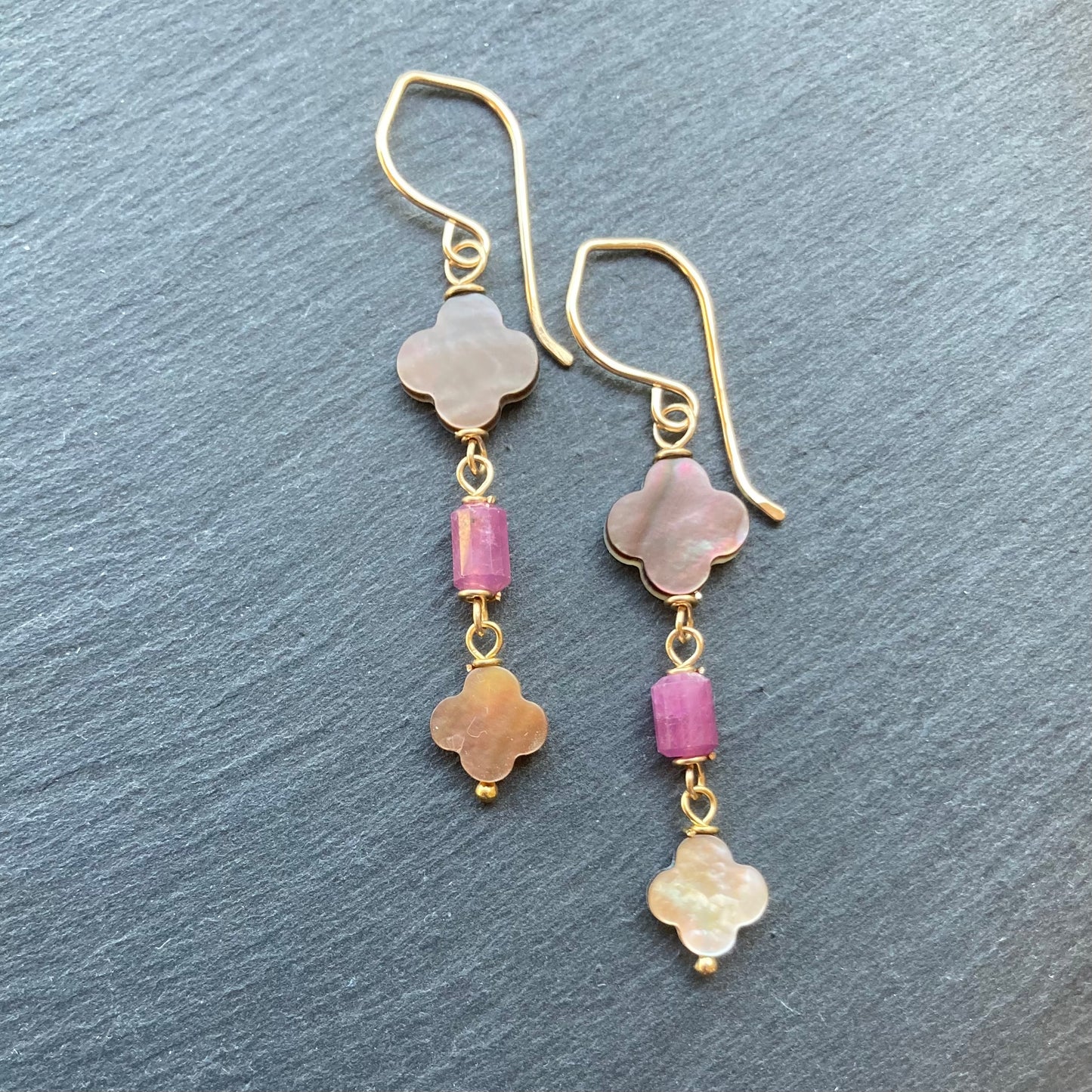 Black Mother of Pearl, Ruby & Gold Earrings