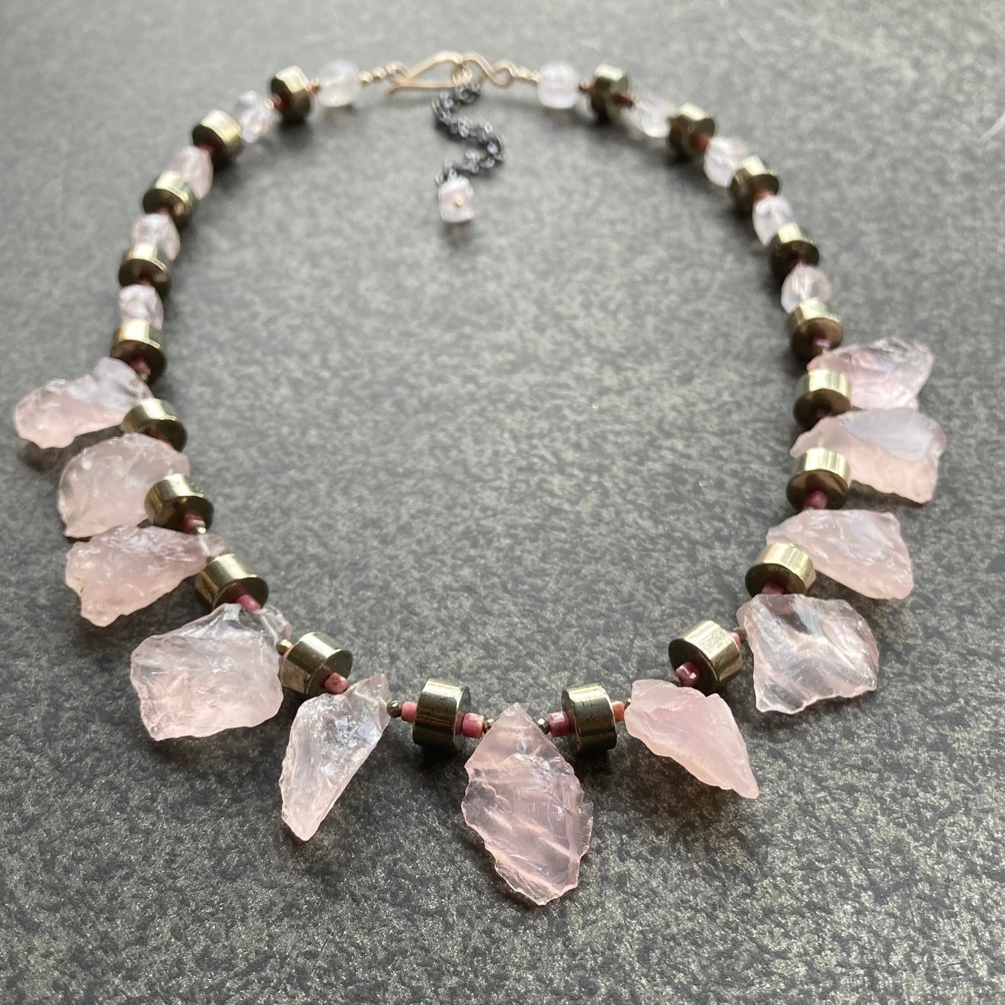 Raw Rose Quartz, Pyrite, Rhodonite & Mixed Metal Collar