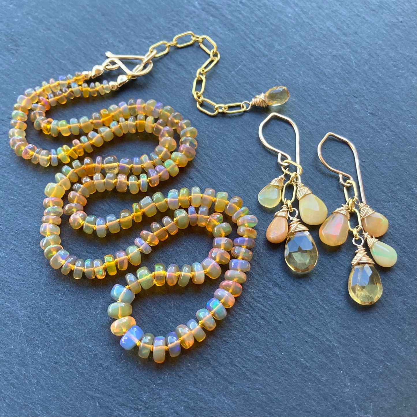 Ethiopian Golden Opal, Citrine & Gold Cascade Earrings