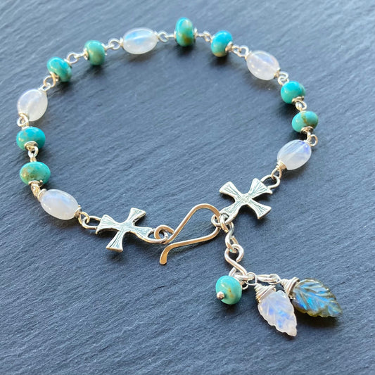 Kingman Turquoise, Rainbow Moonstone & Sterling Silver Pattée Cross Charm Bracelet