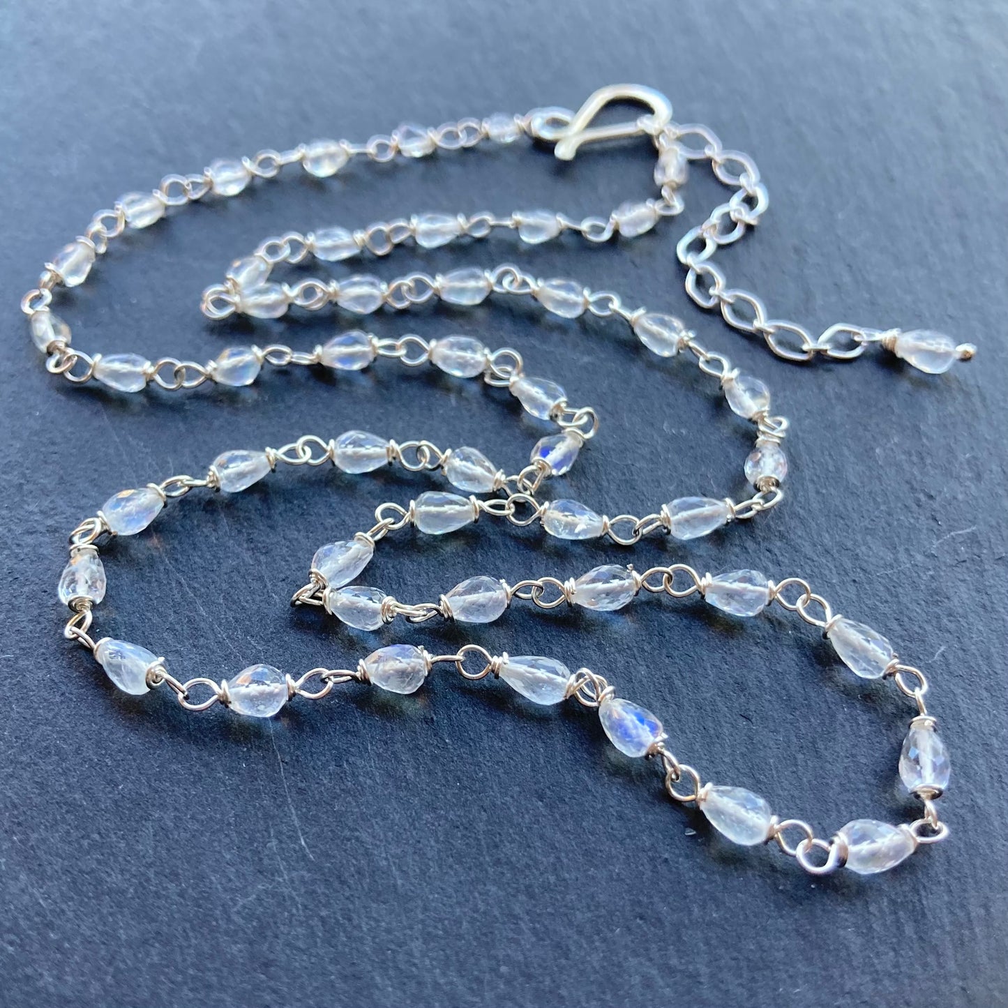 Rainbow Moonstone & Sterling Silver Moon Drops Necklace