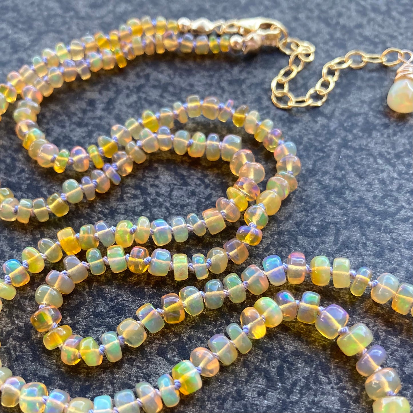 Ethiopian Golden Opal Hand Knotted Lilac Silk Necklace