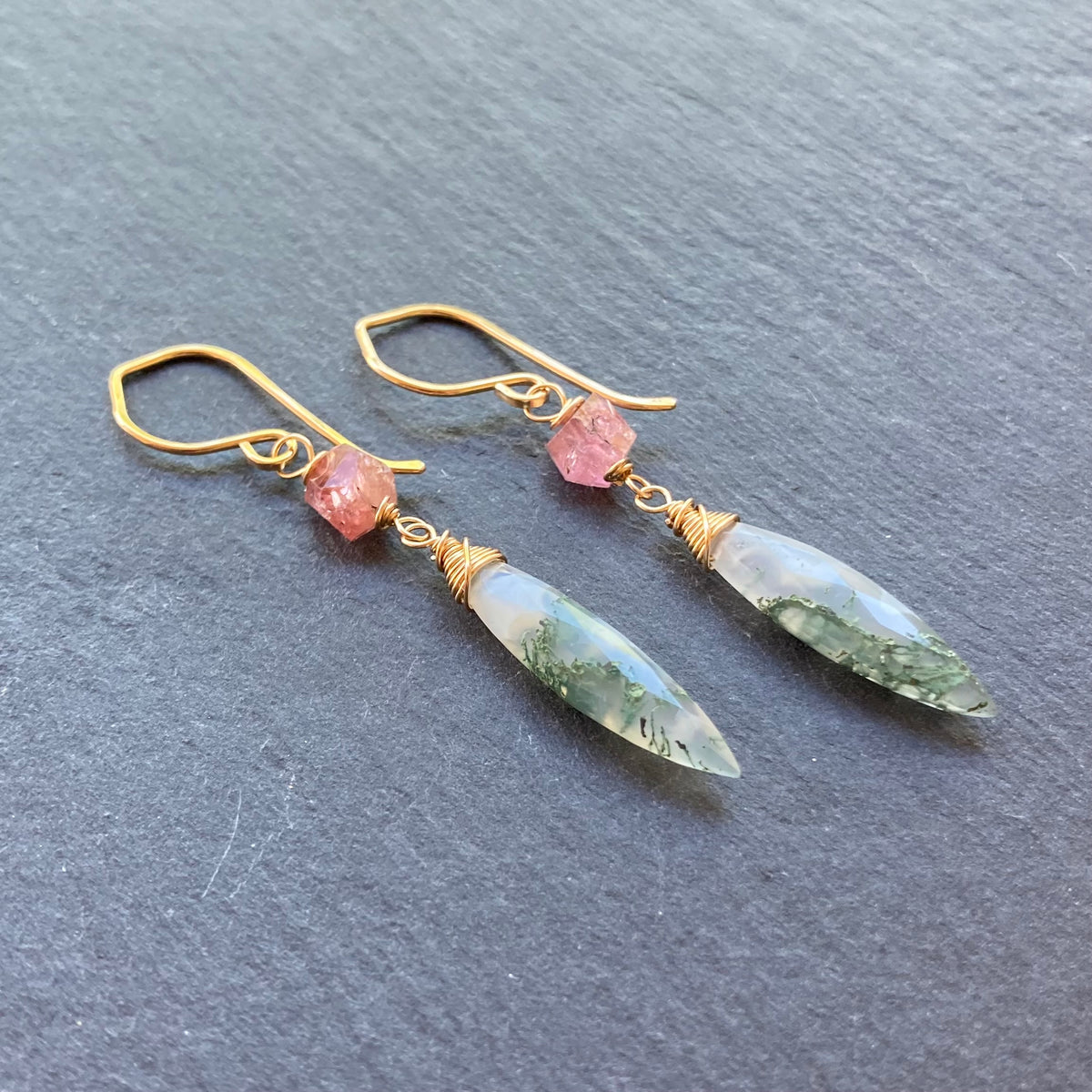 Moss Agate, Pink Tourmaline & Gold Marquis Earrings