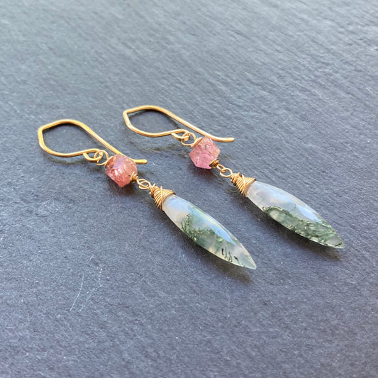 Moss Agate, Pink Tourmaline & Gold Marquis Earrings