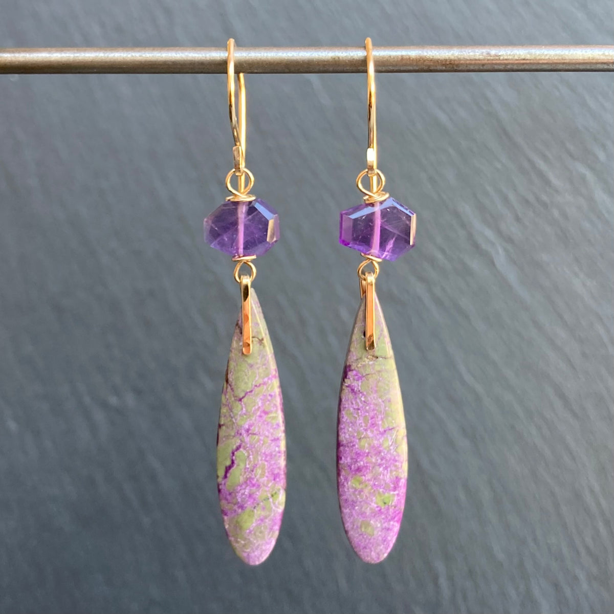 Atlantisite Stichtite, Amethyst & Gold Long Drop Earrings