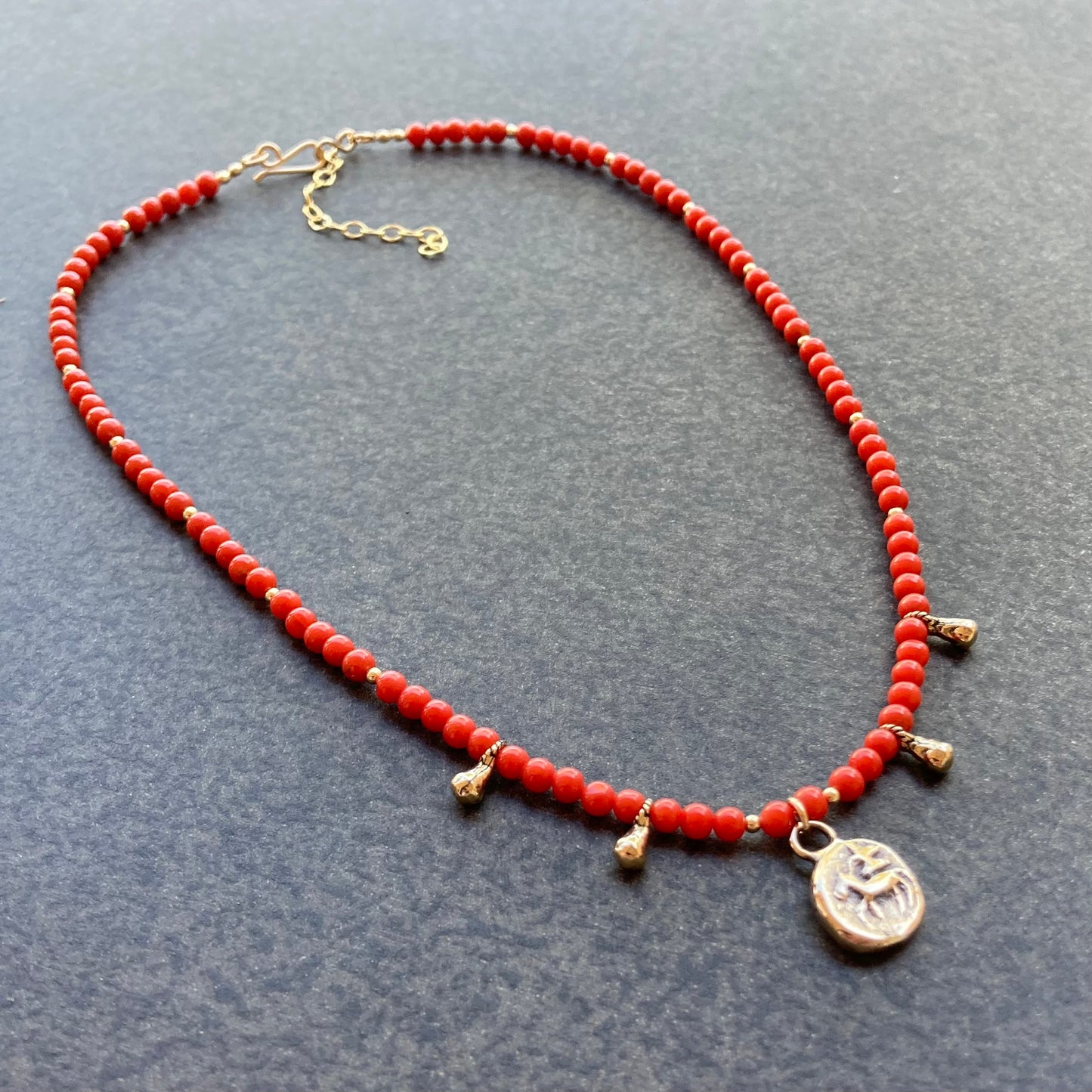 Natural Coral, Gold & Bronze Ancient Coin Charm Choker