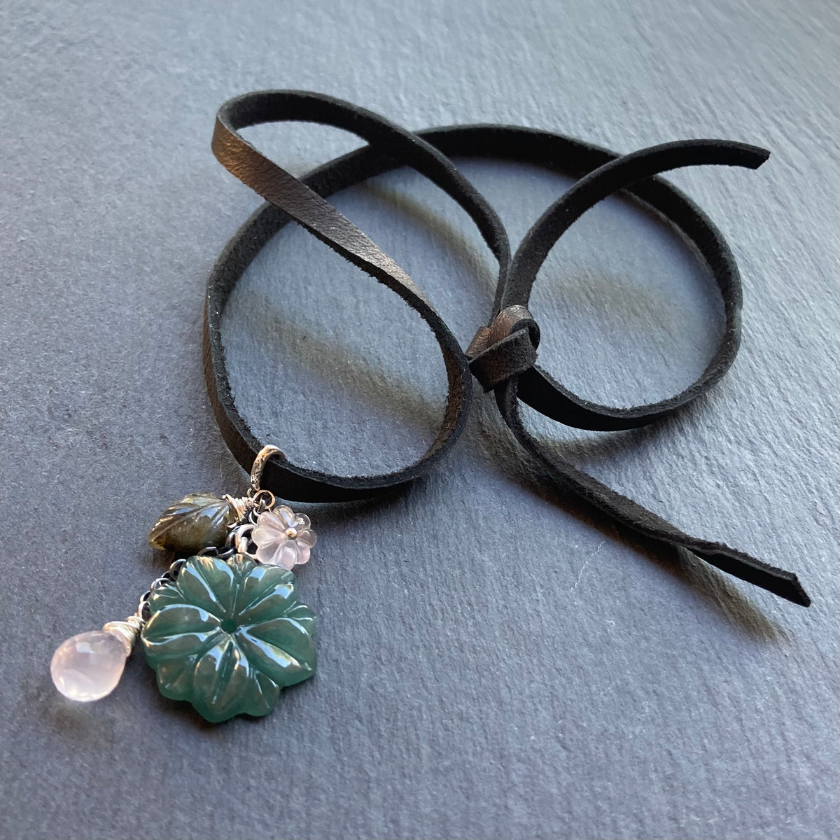 Guatemalan Jade & Sterling Silver Winter Succulent Deerskin Leather Choker