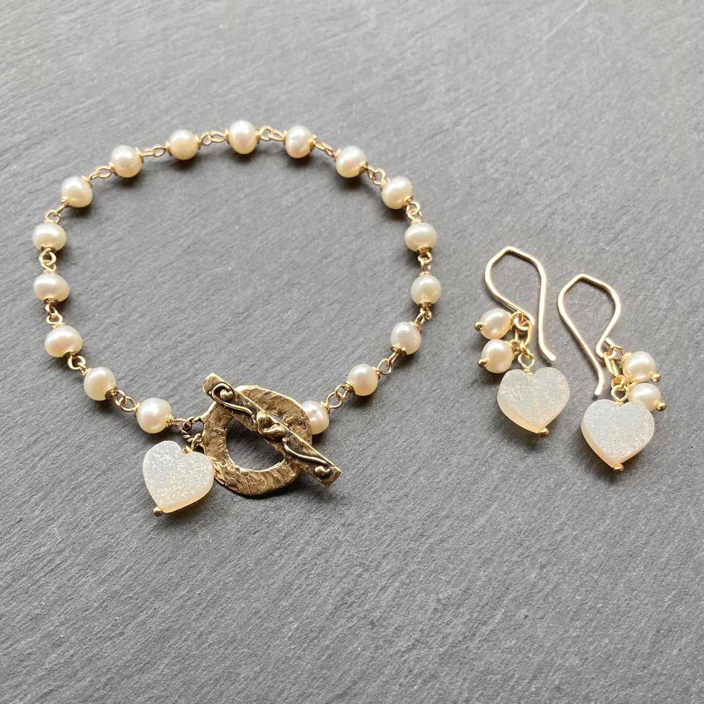 Freshwater Pearl, Gold & Bronze Heart Toggle Bracelet