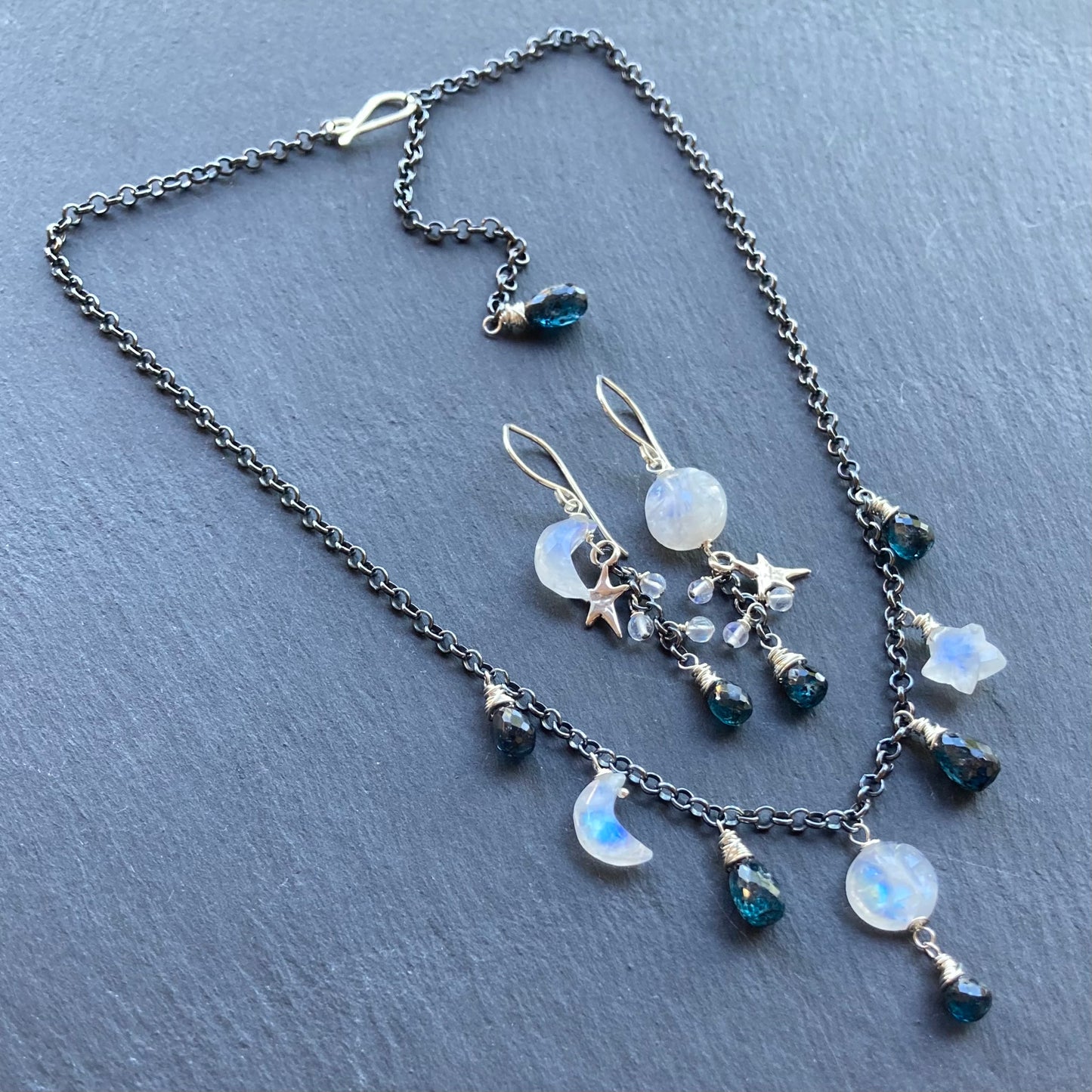 Rainbow Moonstone, Moss Kyanite & Sterling Silver Winter Solstice Charm Choker