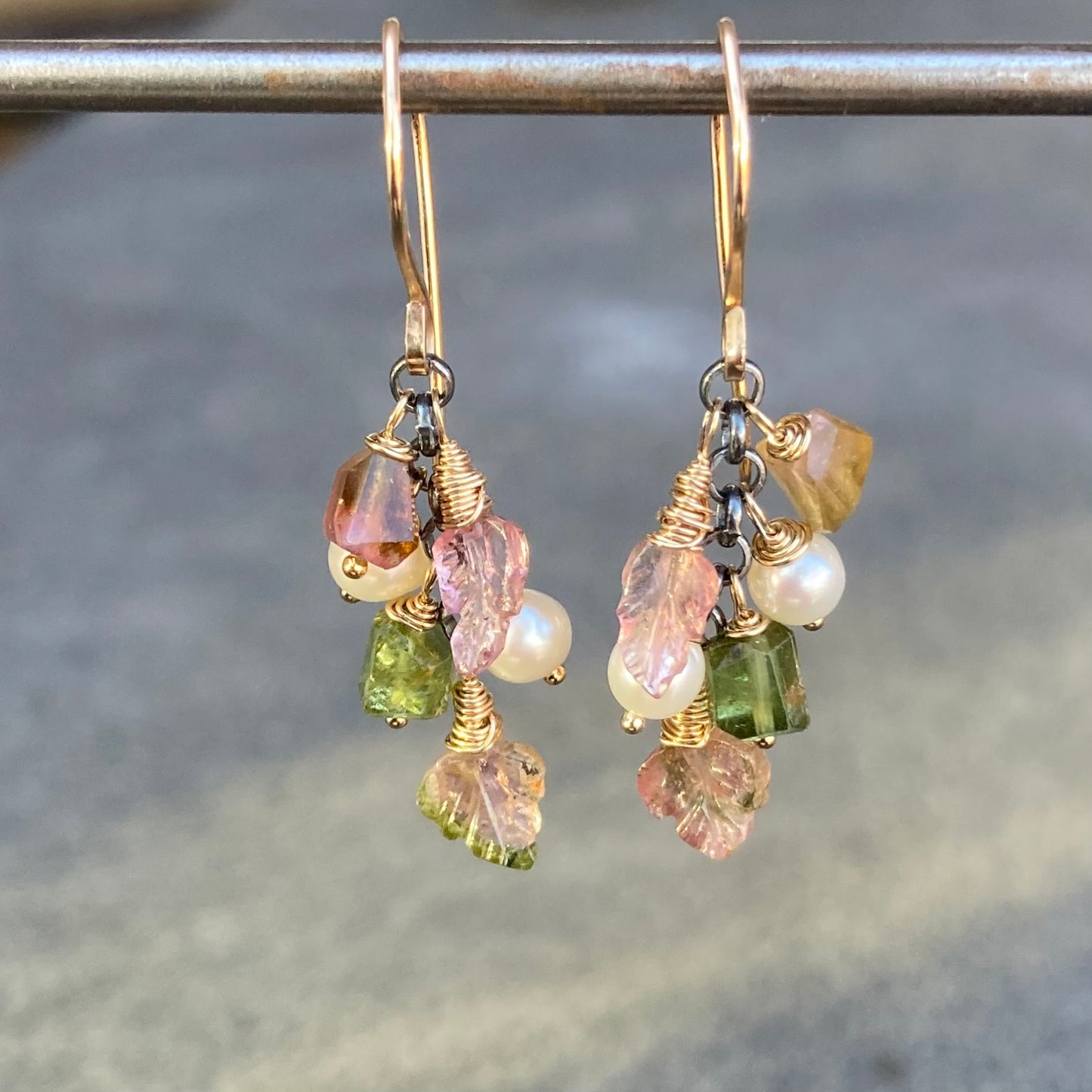 Watermelon Tourmaline, Freshwater Pearl & Mixed Metal Leaf Cascade Earrings