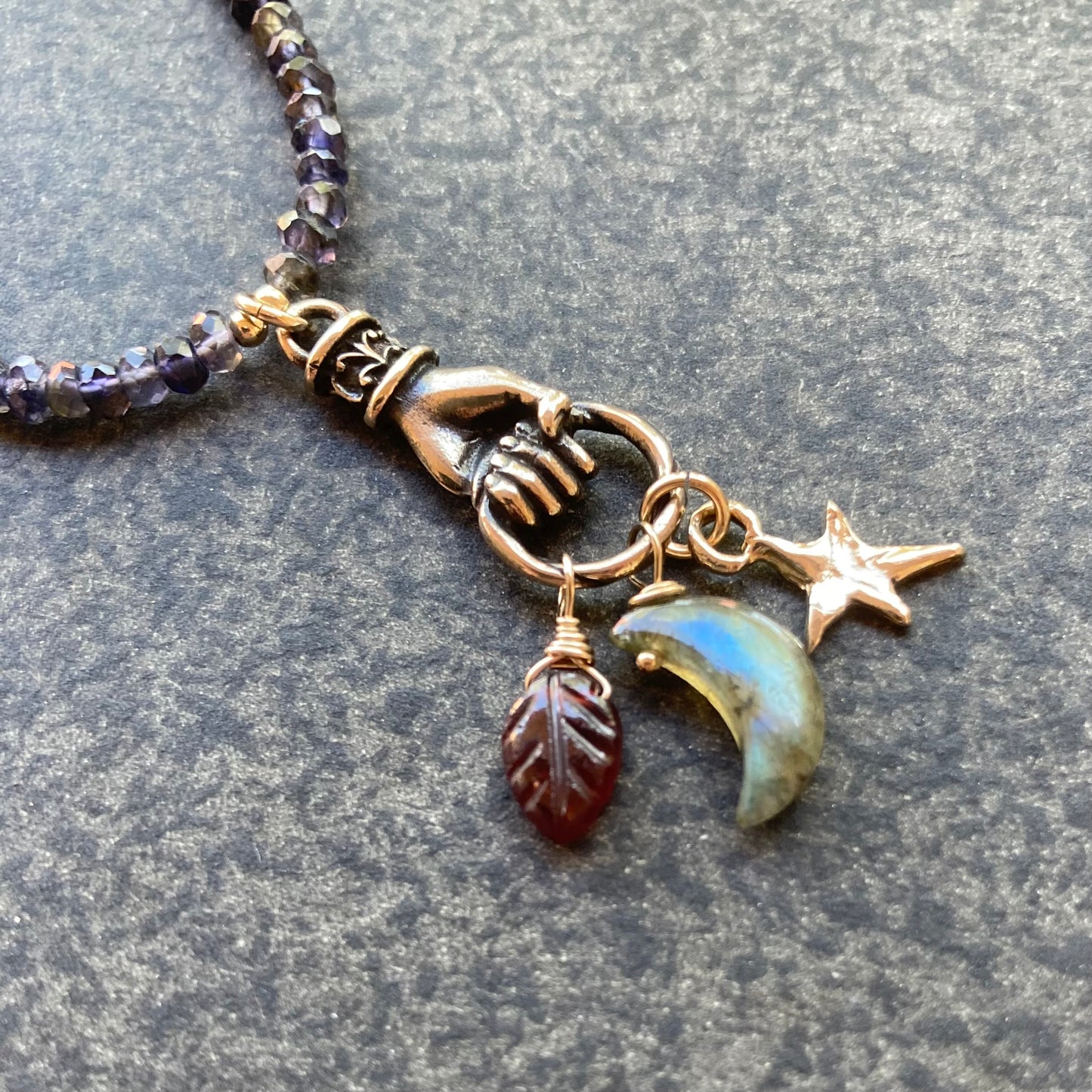 Iolite, Garnet, Gold & Bronze Earth Amulet Charm Choker