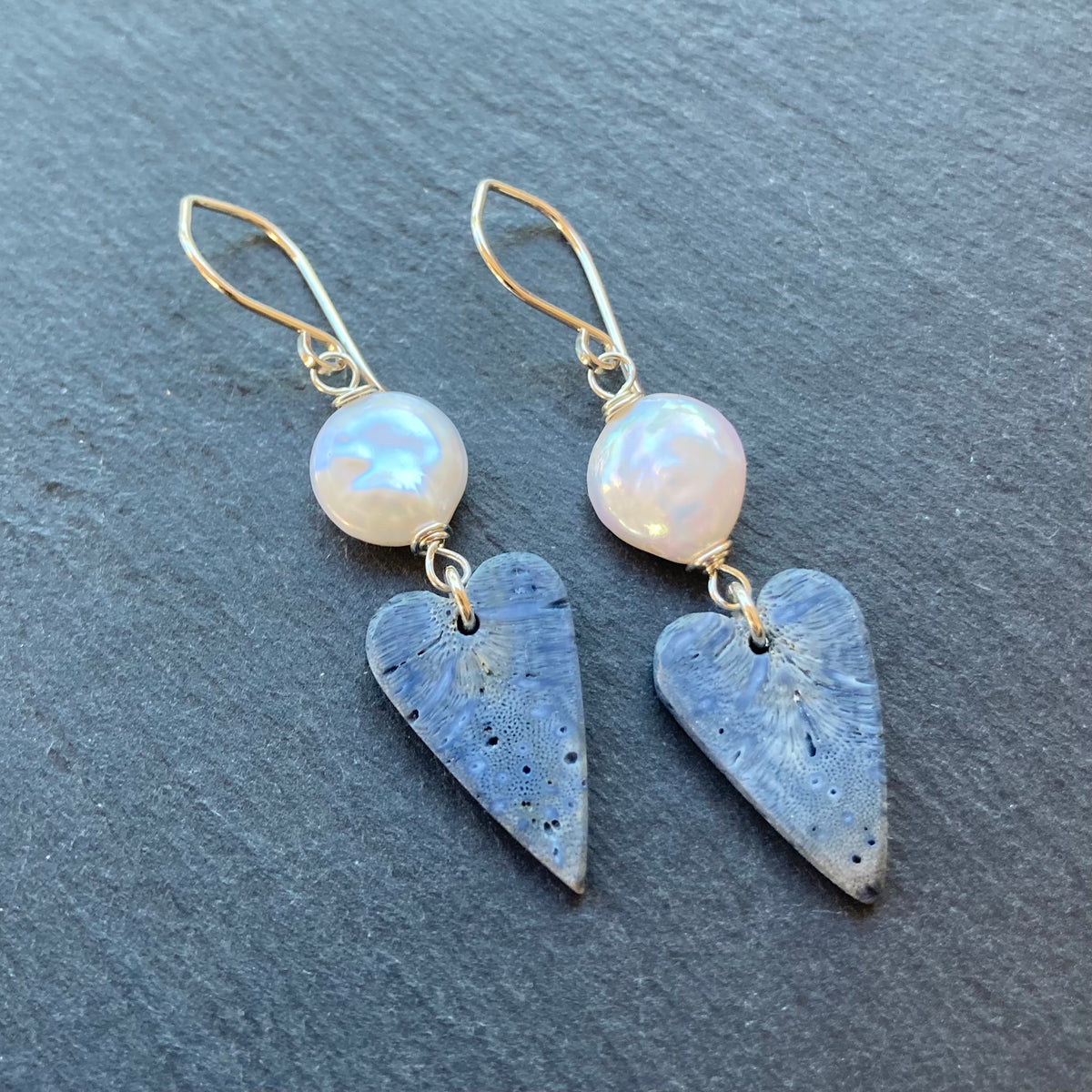 Freshwater Pearl, Sterling Silver & Blue Sponge Coral Heart Earrings