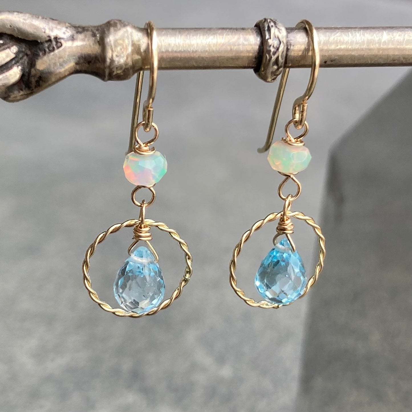 Blue Topaz, Ethiopian Opal & Gold Twisted Hoops