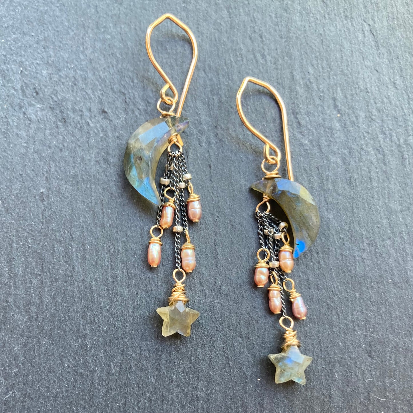 Labradorite, Mauve Pearl & Mixed Metal Falling Star Earrings
