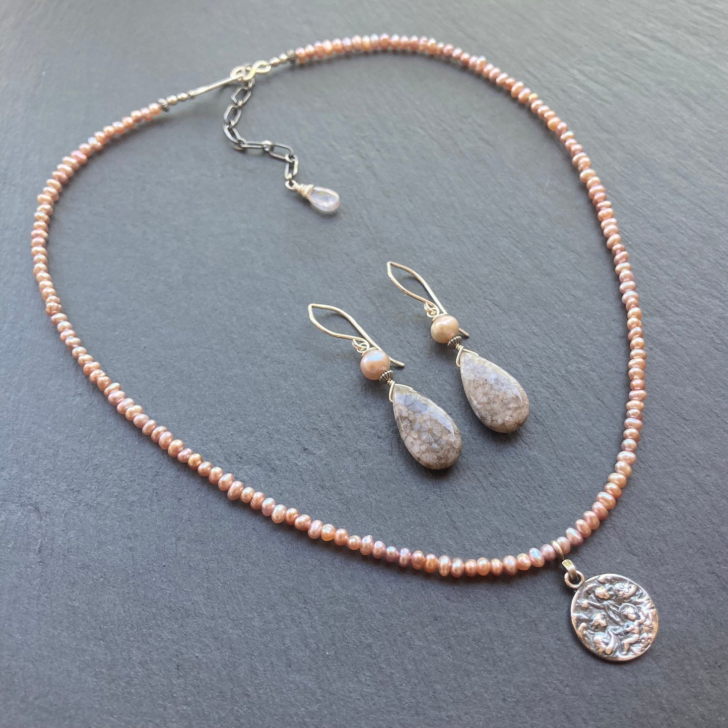 Fossil Coral, Mauve Pearl & Sterling Silver Earrings