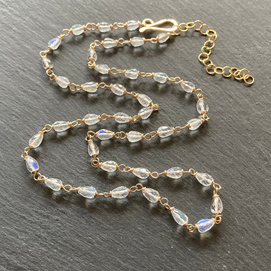Rainbow Moonstone & Gold Moon Drops Necklace
