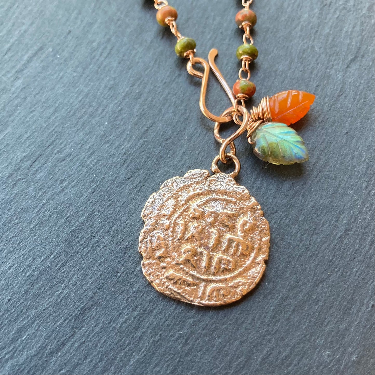 Unakite, Rose Gold & Bronze Medieval Coin Necklace
