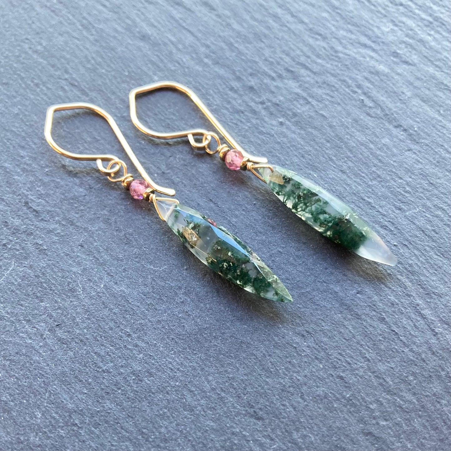 Moss Agate & Gold Marquis Earrings