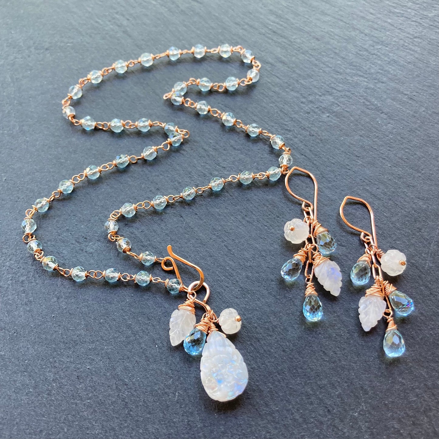 Blue Topaz, Rainbow Moonstone & Rose Gold Cascade Earrings