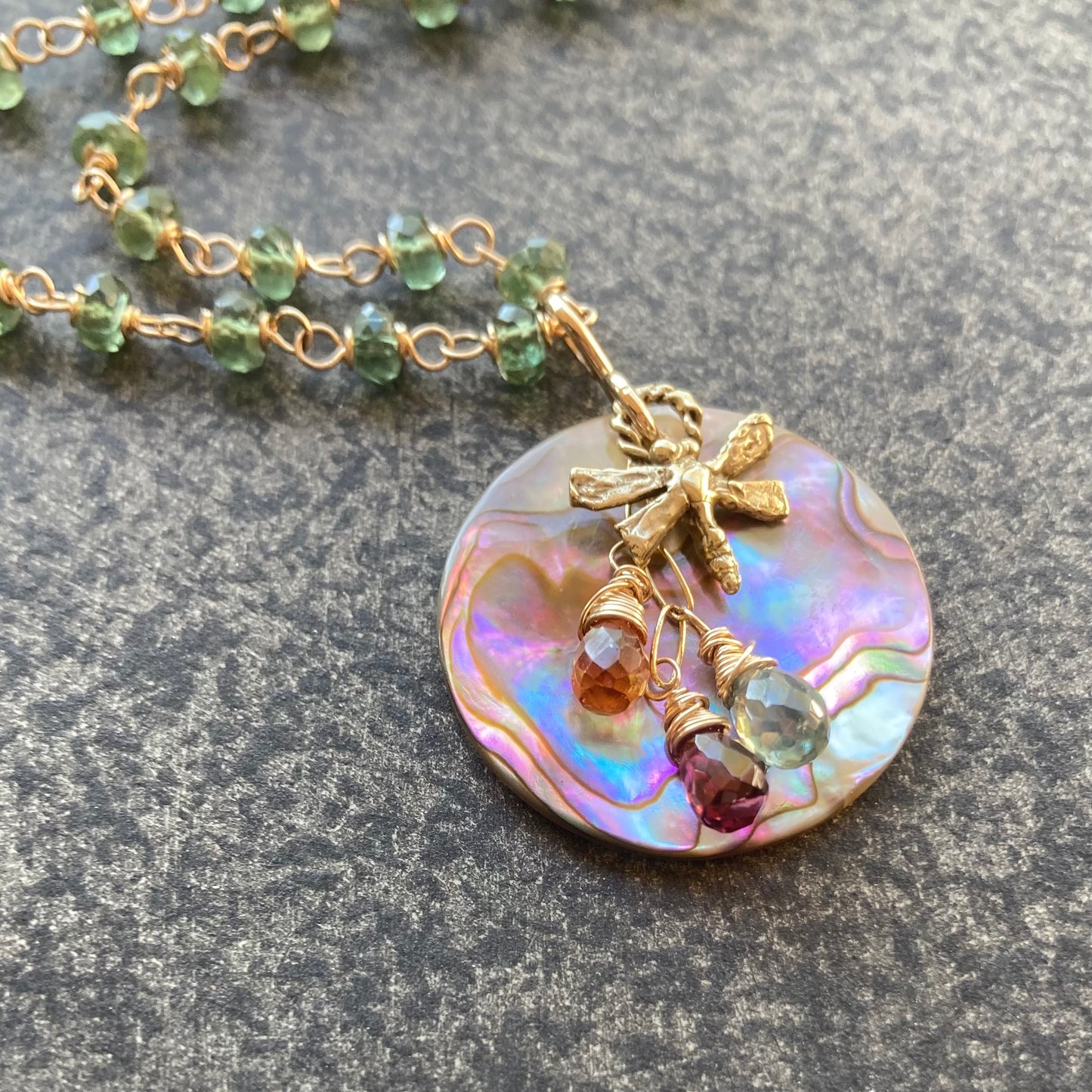 Green Apatite, Gold, Vintage Abalone & Bronze Dragonfly Reflection Pendant Necklace