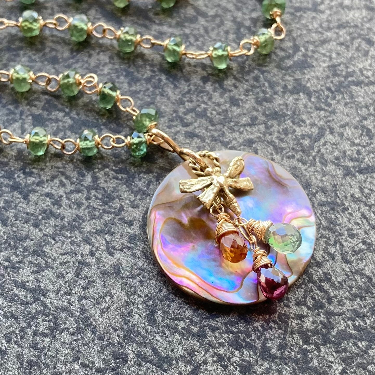 Green Apatite, Gold, Vintage Abalone & Bronze Dragonfly Reflection Pendant Necklace