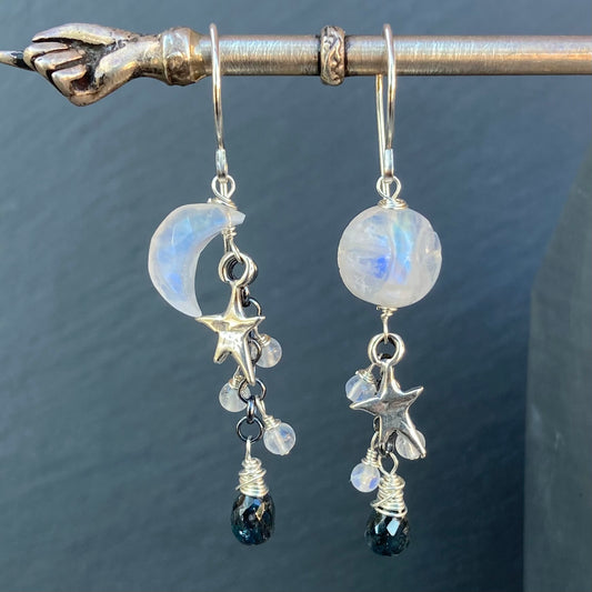 Rainbow Moonstone, Moss Kyanite & Sterling Silver Winter Solstice Earrings