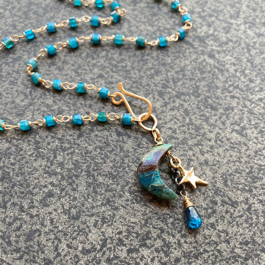 Neon Blue Apatite, Gold & Chrysocolla Starry Night Charm Choker