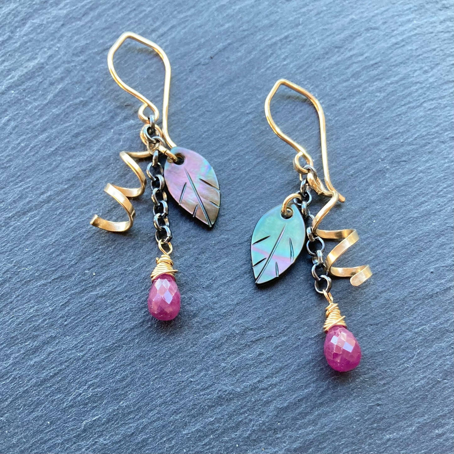 Black Mother of Pearl, Ruby & Mixed Metal Earrings