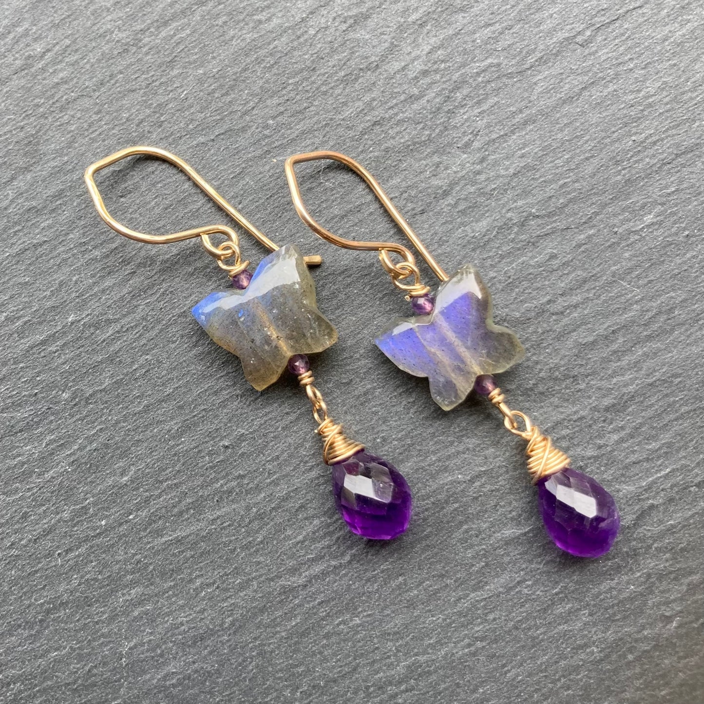 Labradorite, Amethyst & Gold Butterfly Earrings