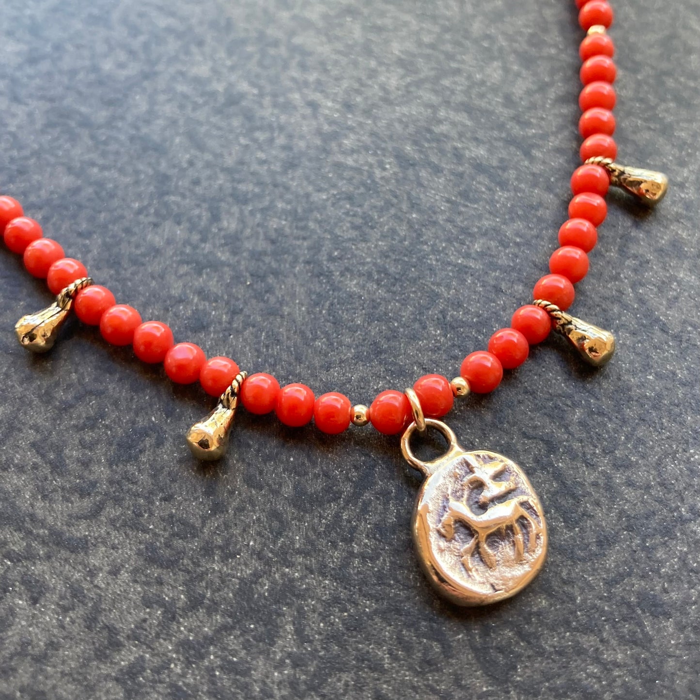 Natural Coral, Gold & Bronze Ancient Coin Charm Choker