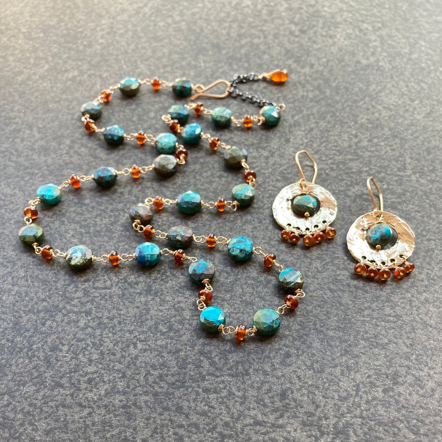 Natural Chrysocolla, Hessonite & Gold Necklace