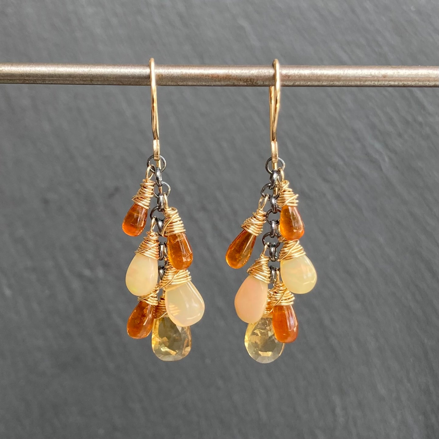 Orange Kyanite, Ethiopian Opal, Citrine & Mixed Metal Cascade Earrings