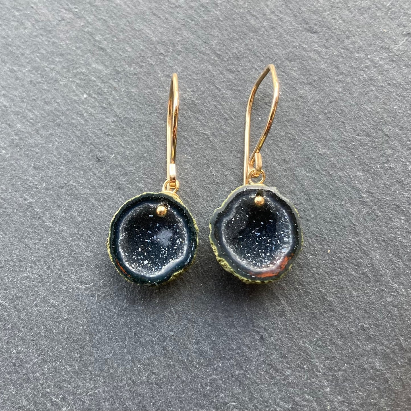Black Druzy Tabasco Geode & Gold Earrings