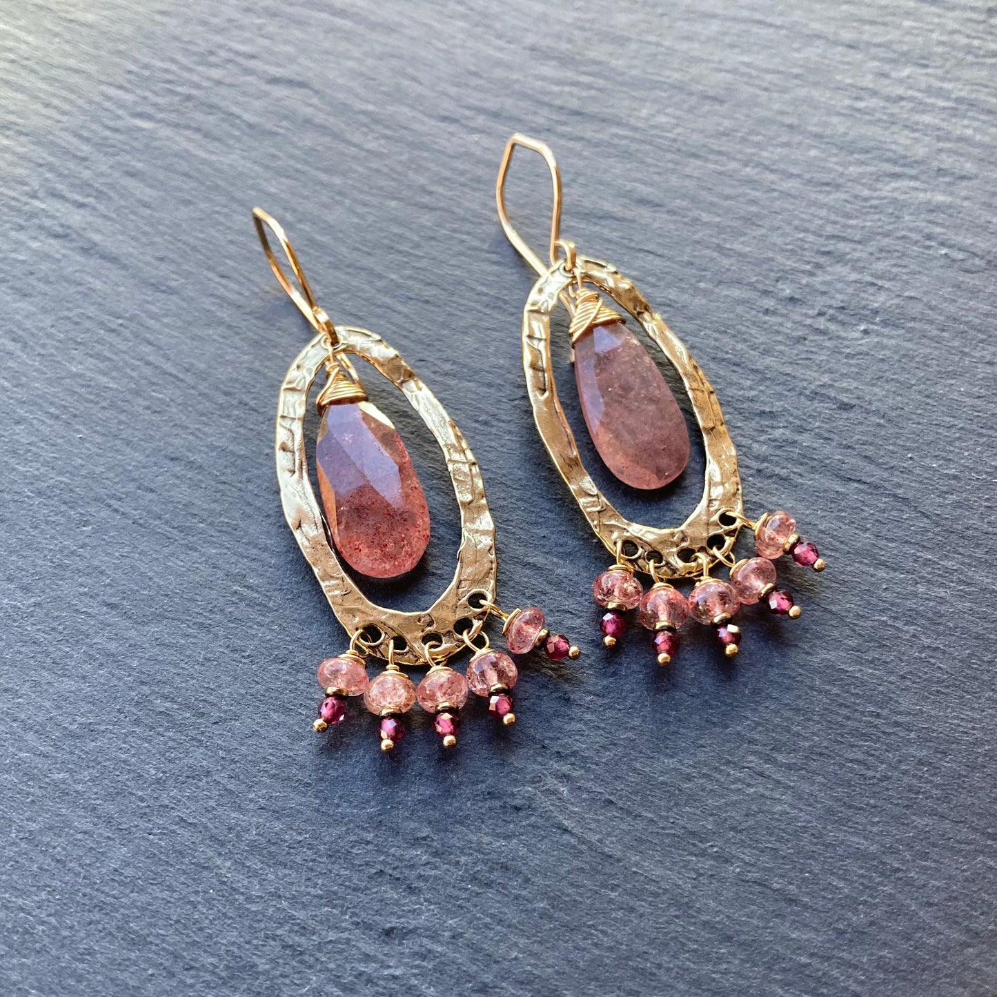 Strawberry Quartz, Gold & Bronze Fringe Hoops