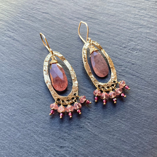 Strawberry Quartz, Gold & Bronze Fringe Hoops