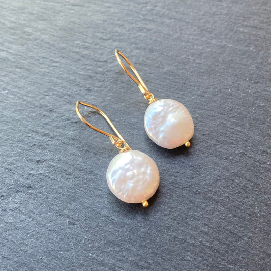 Freshwater Coin Pearl & Gold Earrings