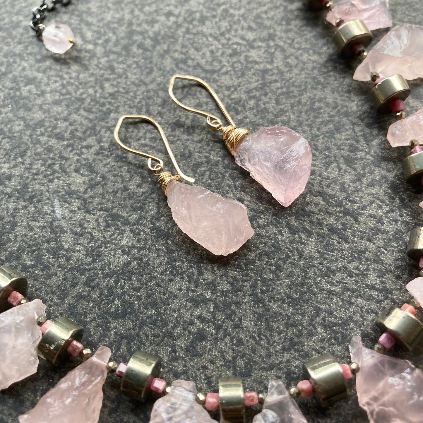 Raw Rose Quartz, Pyrite, Rhodonite & Mixed Metal Collar