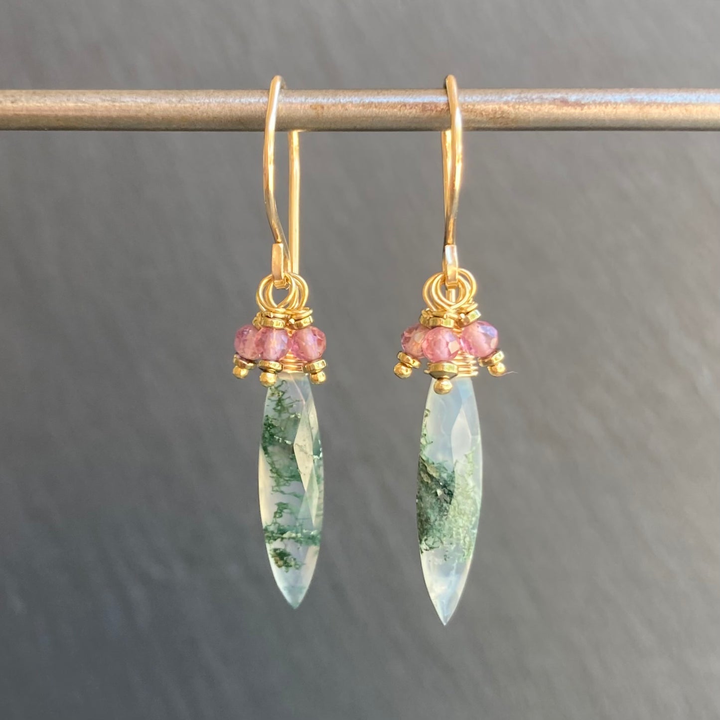 Moss Agate, Pink Tourmaline & Gold Marquis Earrings