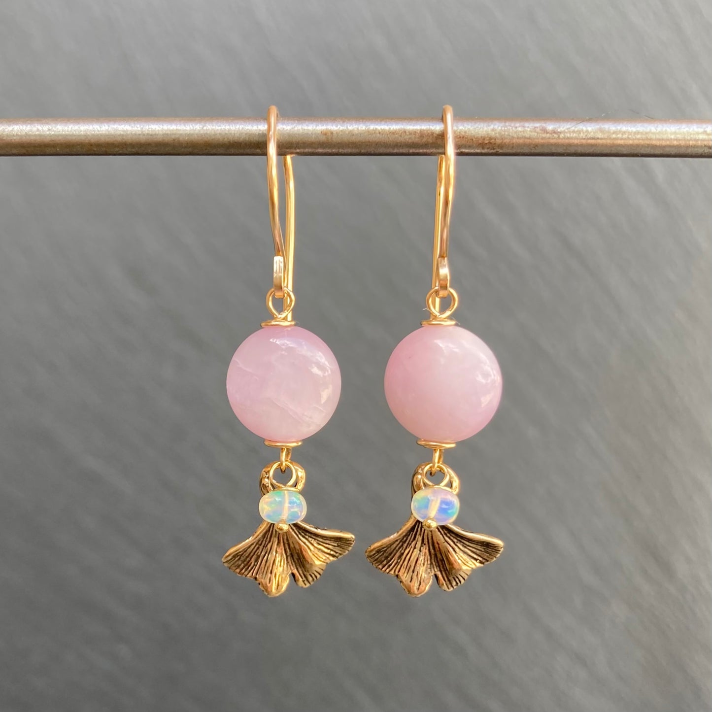 Kunzite, Gold & Bronze Ginkgo Leaf Earrings